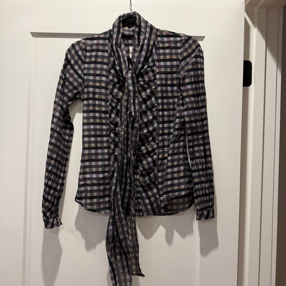 Dark Academia Preppy Billy Reid Sheer Plaid Tie Neck Blouse Size 2 Flawed - Picture 7 of 8